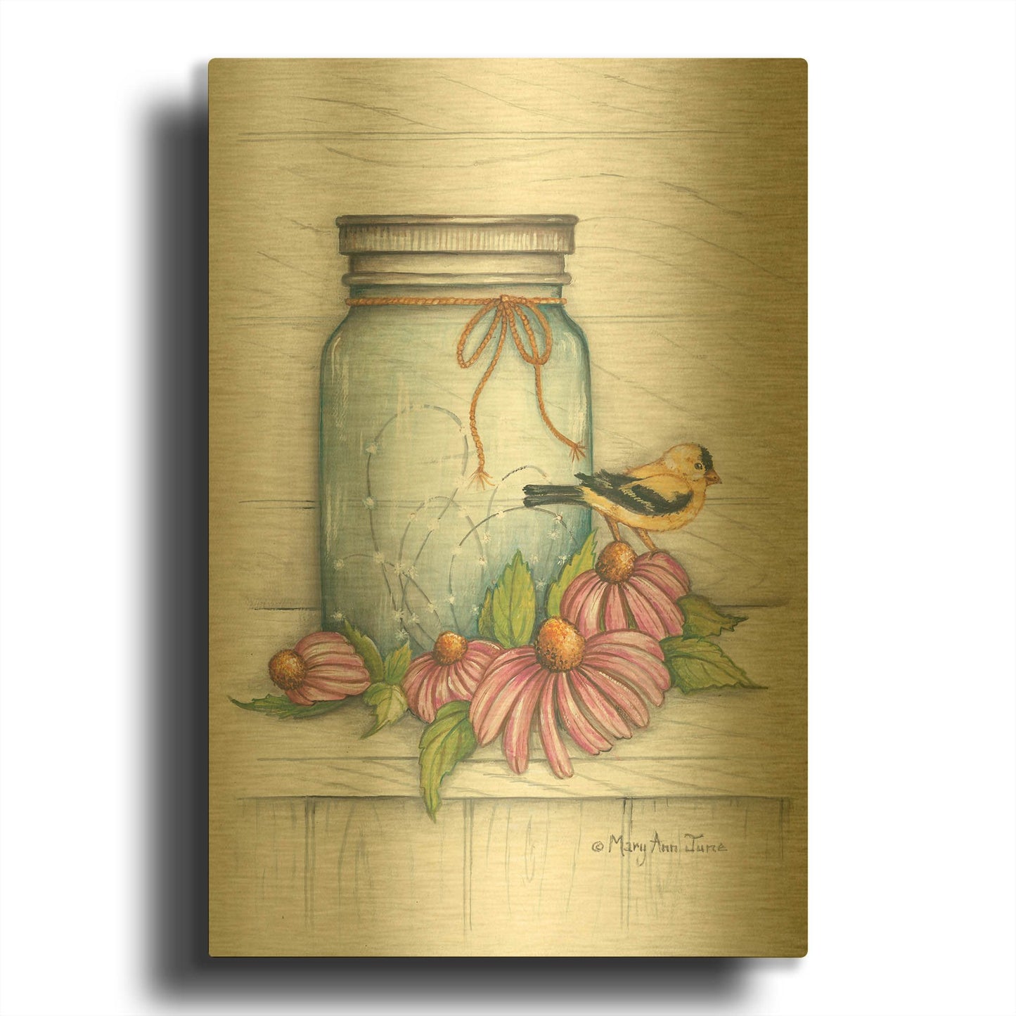 'Goldfinch and Flowers' By Mary Ann June Gold Metal Wall Art