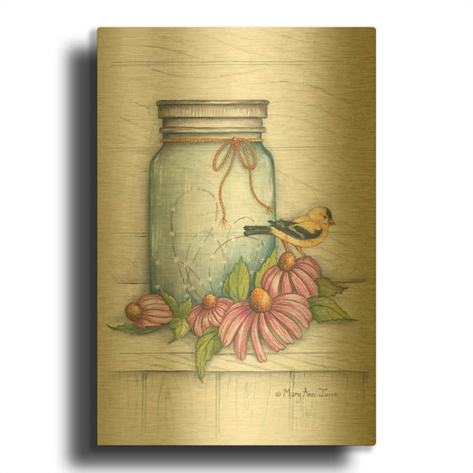 'Goldfinch and Flowers' By Mary Ann June Gold Metal Wall Art