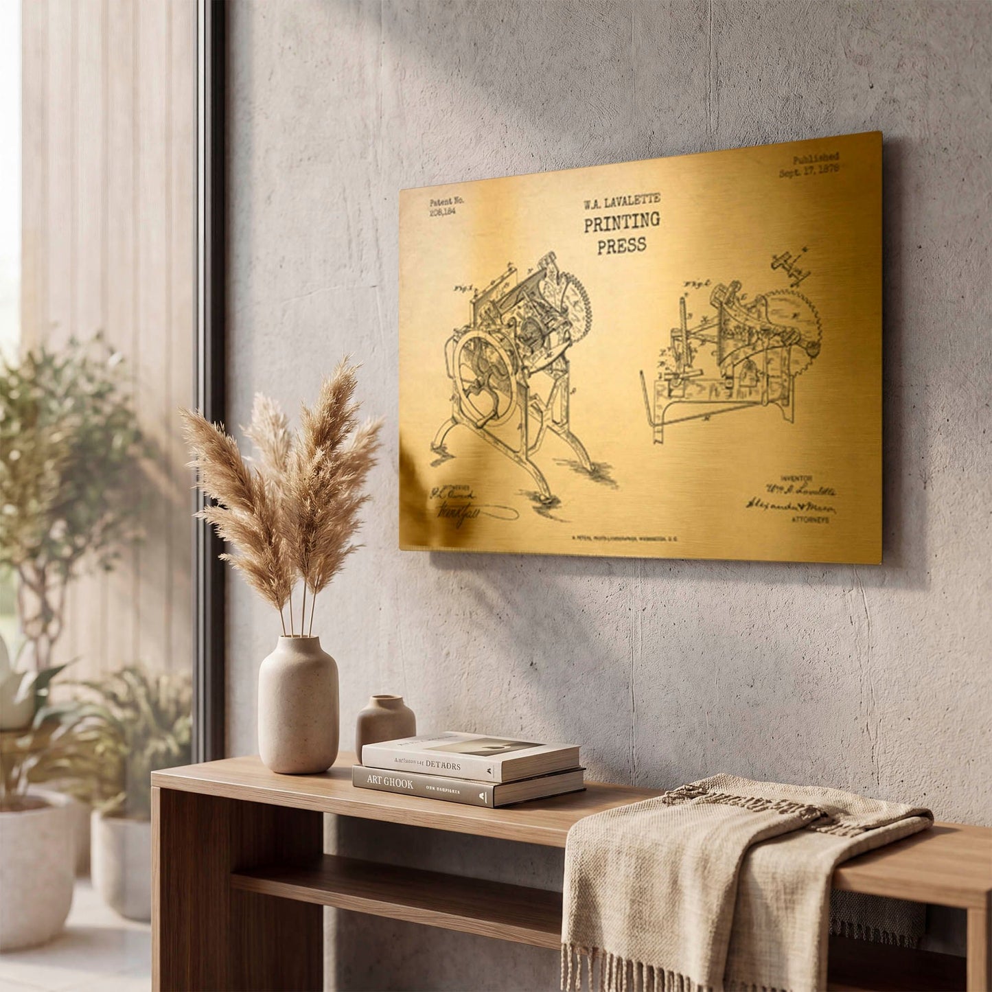 'Printing Press Blueprint Patent Parchment' By LUXE Gold Metal Wall Art