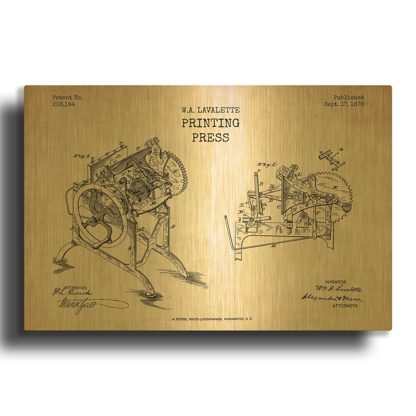 'Printing Press Blueprint Patent Parchment' By LUXE Gold Metal Wall Art