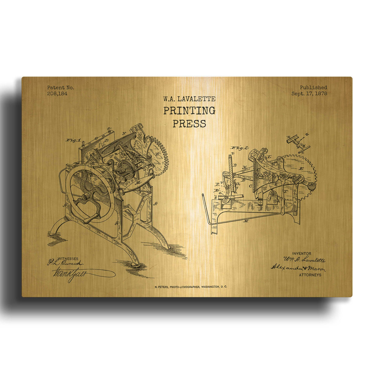 'Printing Press Blueprint Patent Parchment' By LUXE Gold Metal Wall Art