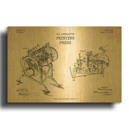 'Printing Press Blueprint Patent Parchment' By LUXE Gold Metal Wall Art