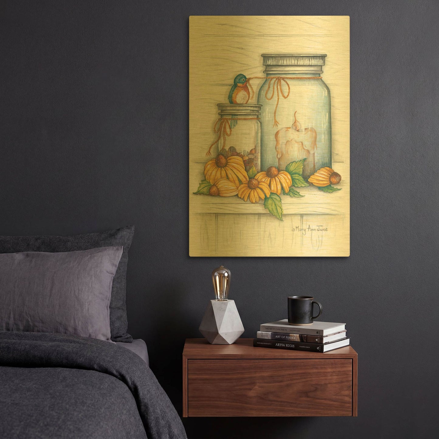 'Blue Bird and Coneflowers' By Mary Ann June Gold Metal Wall Art