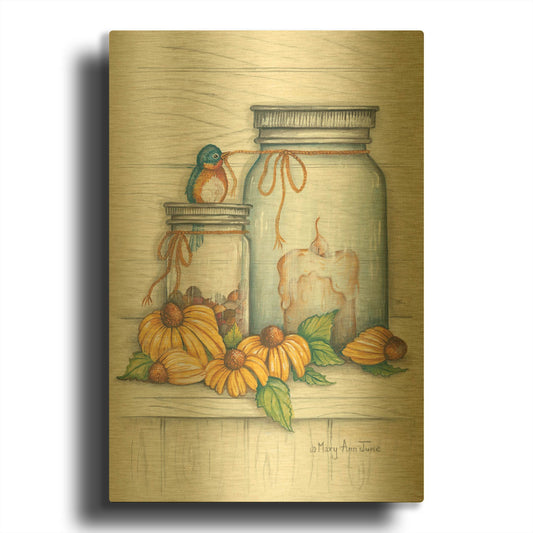 'Blue Bird and Coneflowers' By Mary Ann June Gold Metal Wall Art