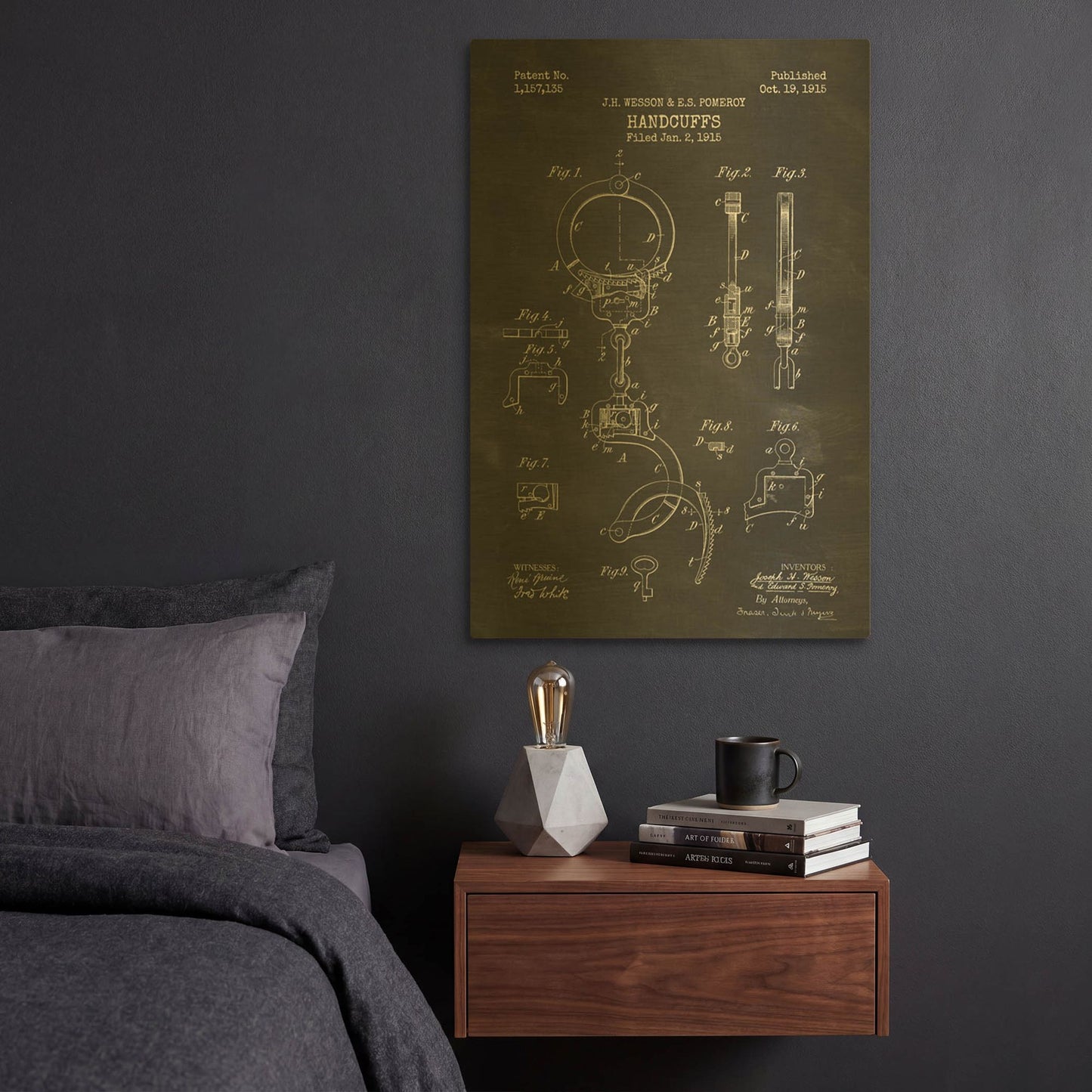 'Handcuffs Blueprint Patent Chalkboard' By LUXE Gold Metal Wall Art