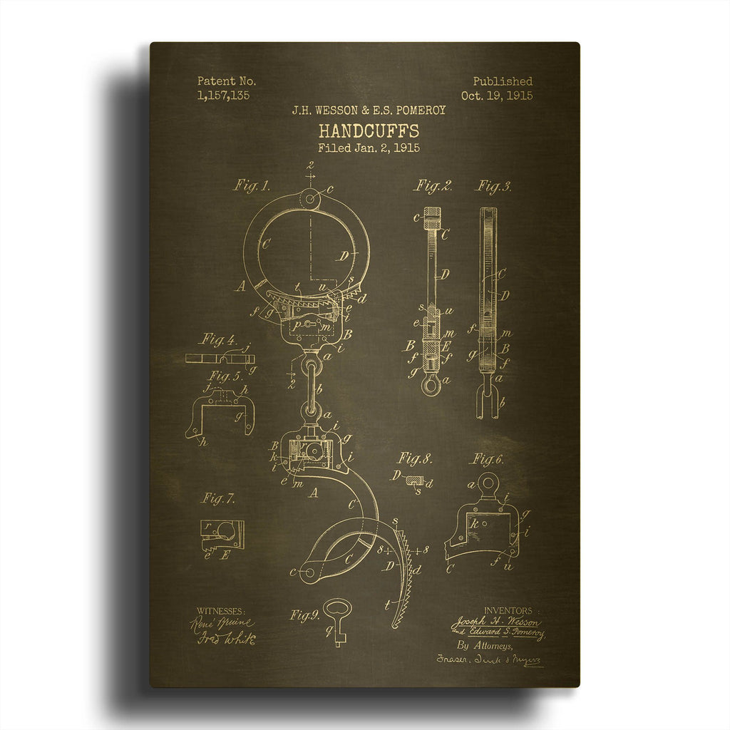 'Handcuffs Blueprint Patent Chalkboard' By LUXE Gold Metal Wall Art