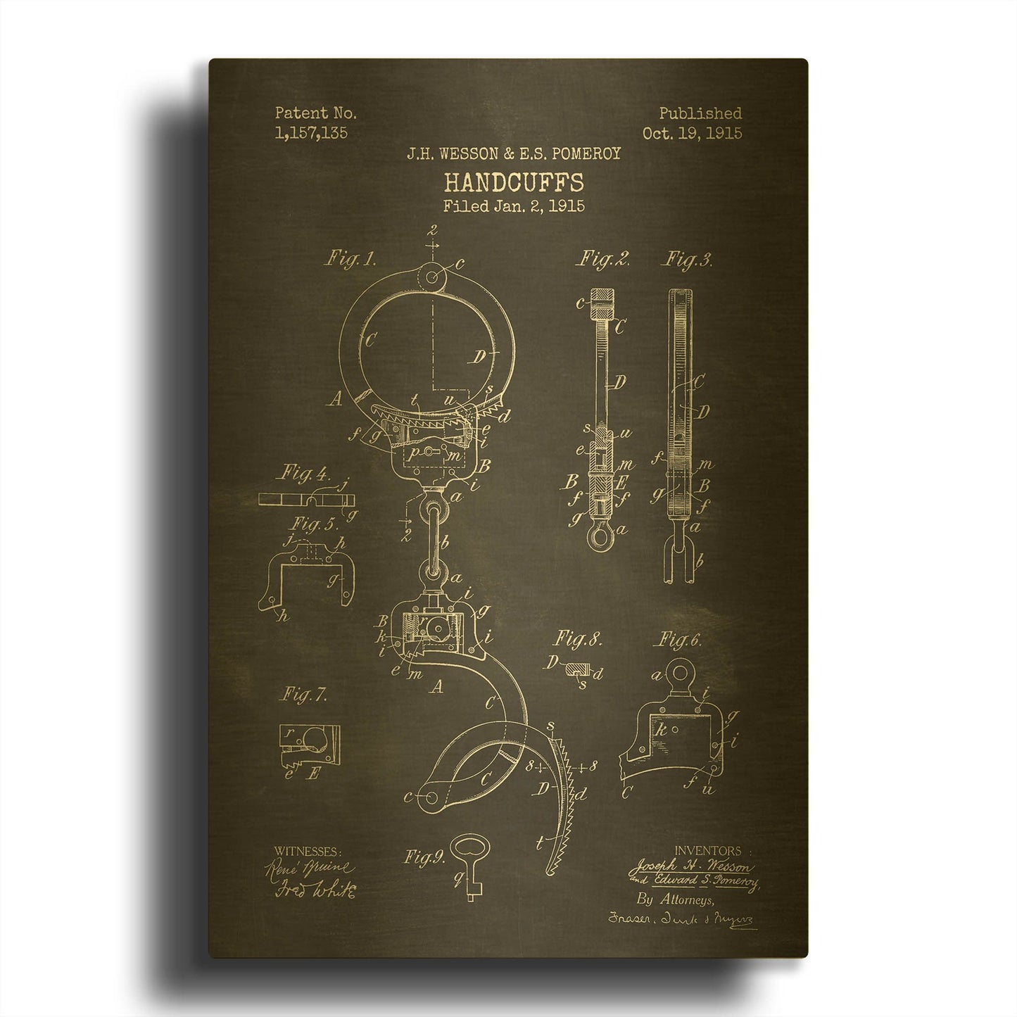 'Handcuffs Blueprint Patent Chalkboard' By LUXE Gold Metal Wall Art