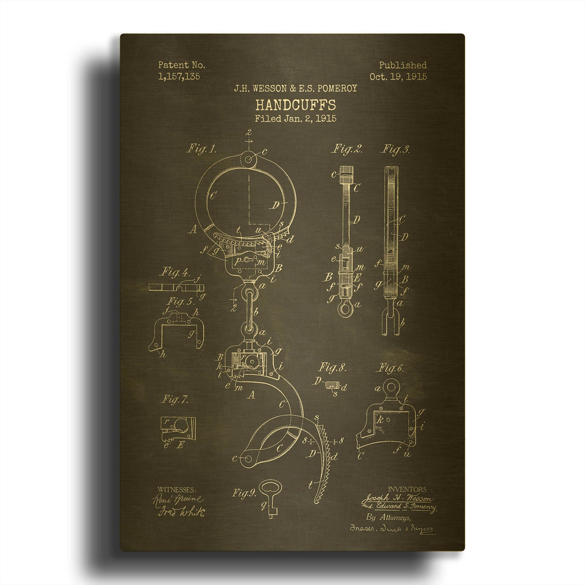 'Handcuffs Blueprint Patent Chalkboard' By LUXE Gold Metal Wall Art