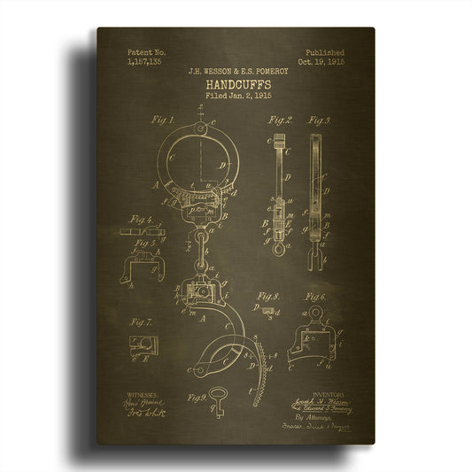 'Handcuffs Blueprint Patent Chalkboard' By LUXE Gold Metal Wall Art
