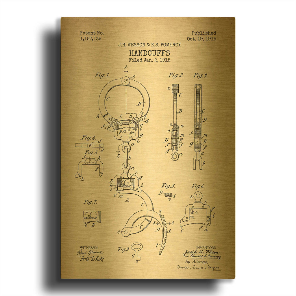 'Handcuffs Blueprint Patent Parchment' By LUXE Gold Metal Wall Art