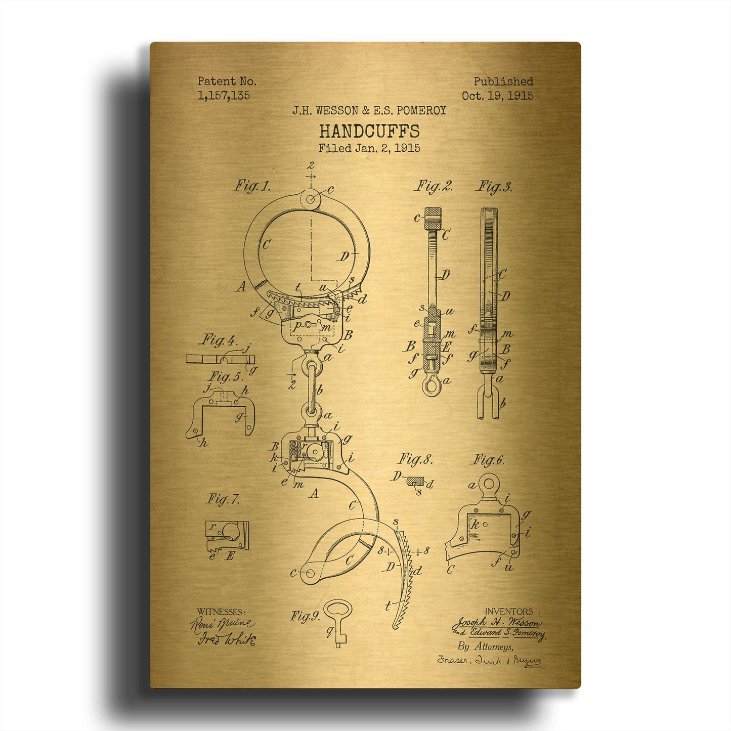 'Handcuffs Blueprint Patent Parchment' By LUXE Gold Metal Wall Art