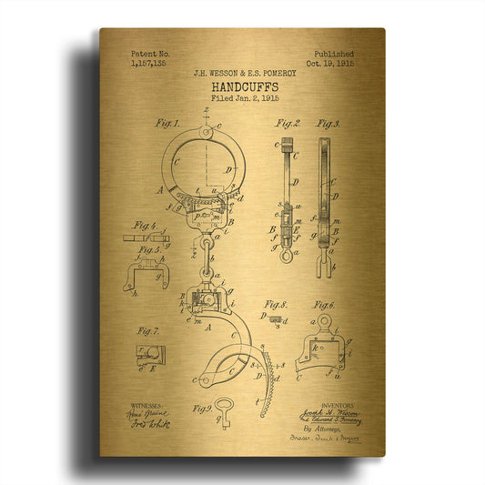'Handcuffs Blueprint Patent Parchment' By LUXE Gold Metal Wall Art
