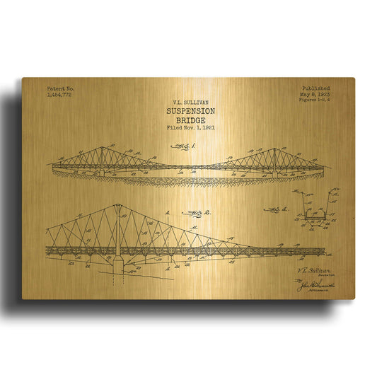 'Suspension Bridge Blueprint Patent Parchment' By LUXE Gold Metal Wall Art