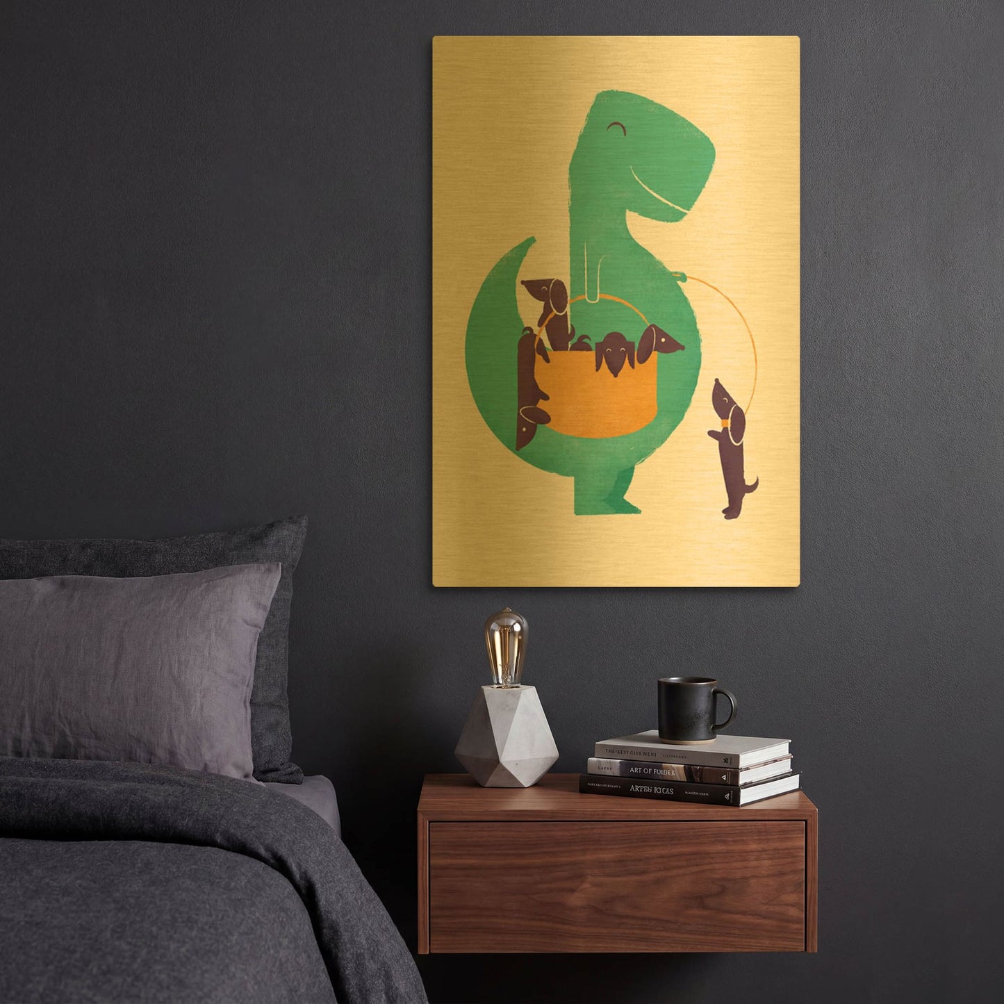 'T-Rex and the Basketful of Wiener Dogs' By Jay Fleck Gold Metal Wall Art