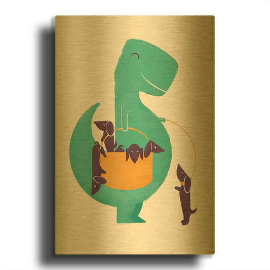 'T-Rex and the Basketful of Wiener Dogs' By Jay Fleck Gold Metal Wall Art