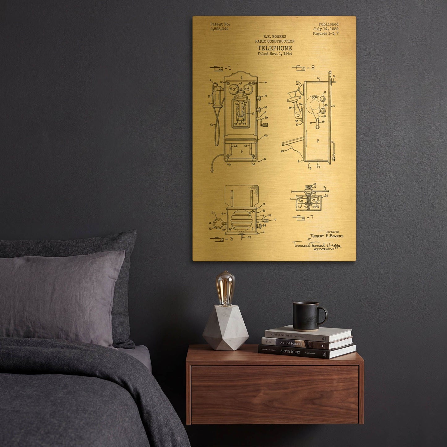 'Telephone, 1959 Blueprint Patent Parchment' By LUXE Gold Metal Wall Art