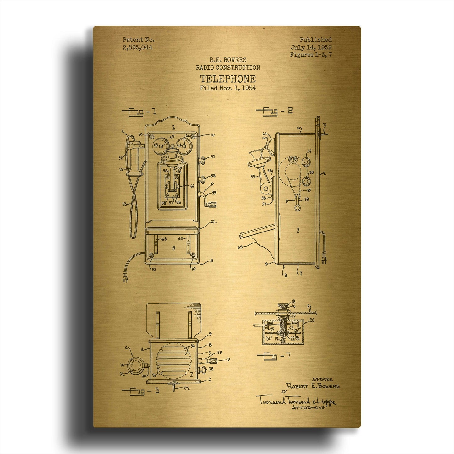 'Telephone, 1959 Blueprint Patent Parchment' By LUXE Gold Metal Wall Art
