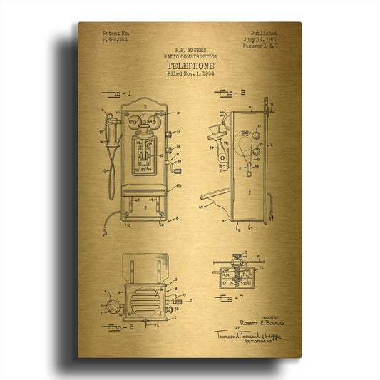 'Telephone, 1959 Blueprint Patent Parchment' By LUXE Gold Metal Wall Art