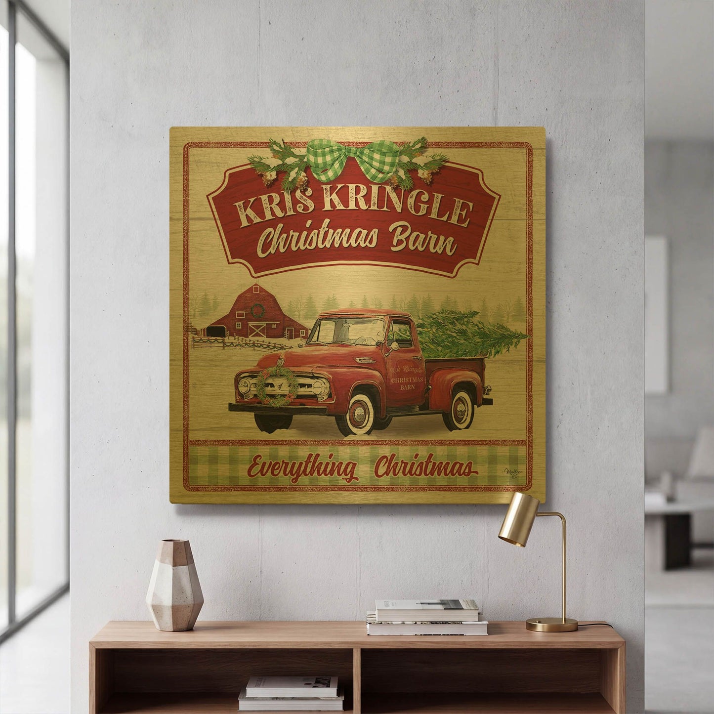 'Kris Kringle Christmas Barn' By Mollie B Art Gold Metal Wall Art