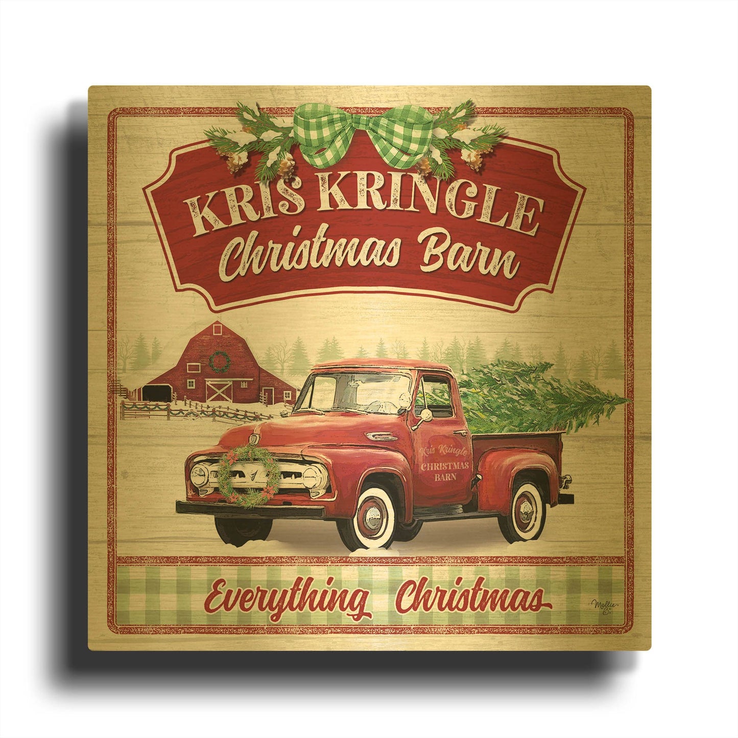 'Kris Kringle Christmas Barn' By Mollie B Art Gold Metal Wall Art