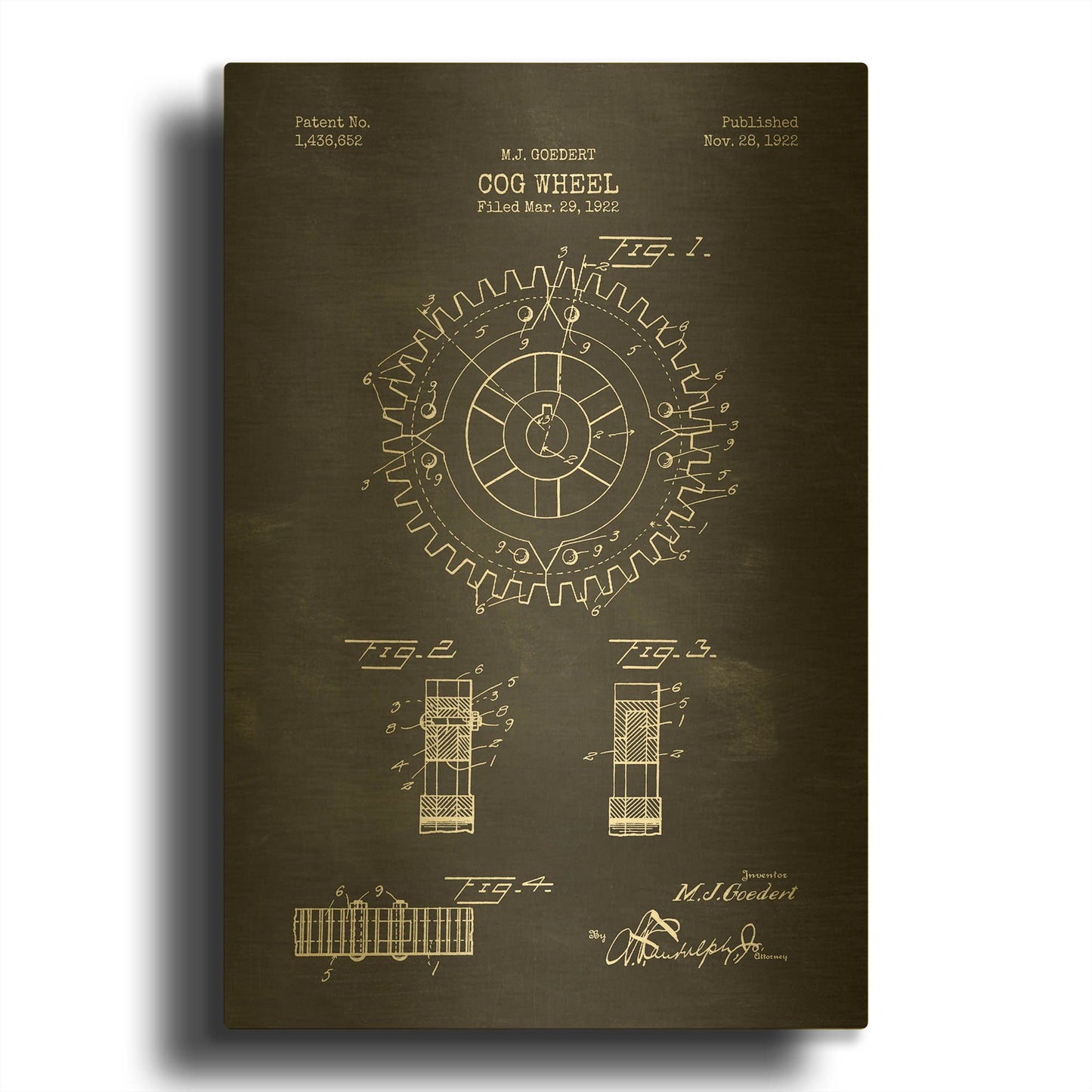 'Cog Wheel Blueprint Patent Chalkboard' By LUXE Gold Metal Wall Art
