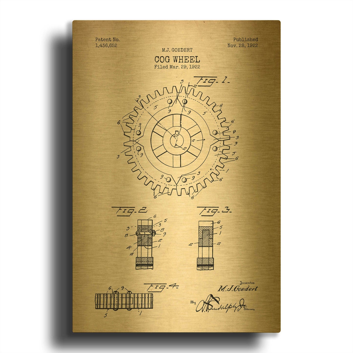 'Cog Wheel Blueprint Patent Parchment' By LUXE Gold Metal Wall Art