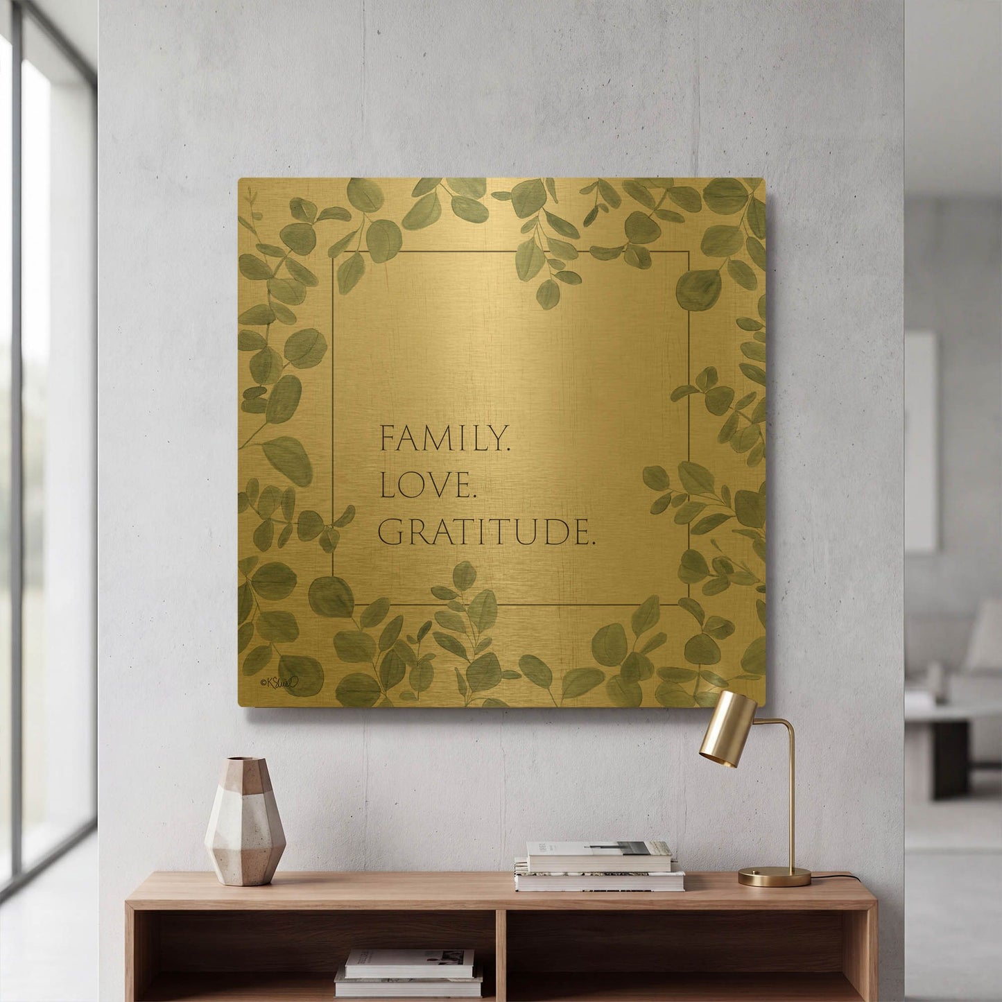 'Family Love Gratitude Eucalyptus' By Kate Sherrill Gold Metal Wall Art