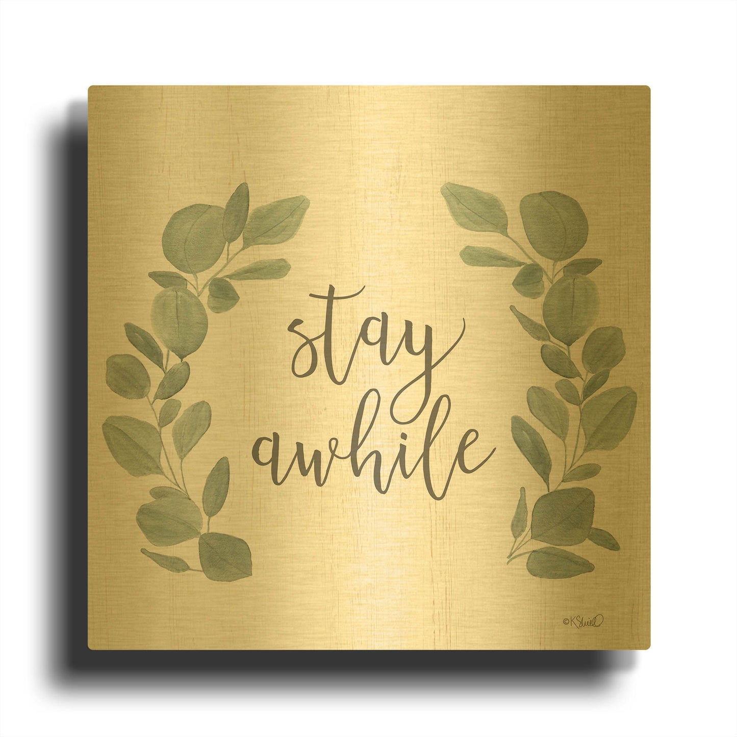 'Stay Awhile Eucalyptus' By Kate Sherrill Gold Metal Wall Art