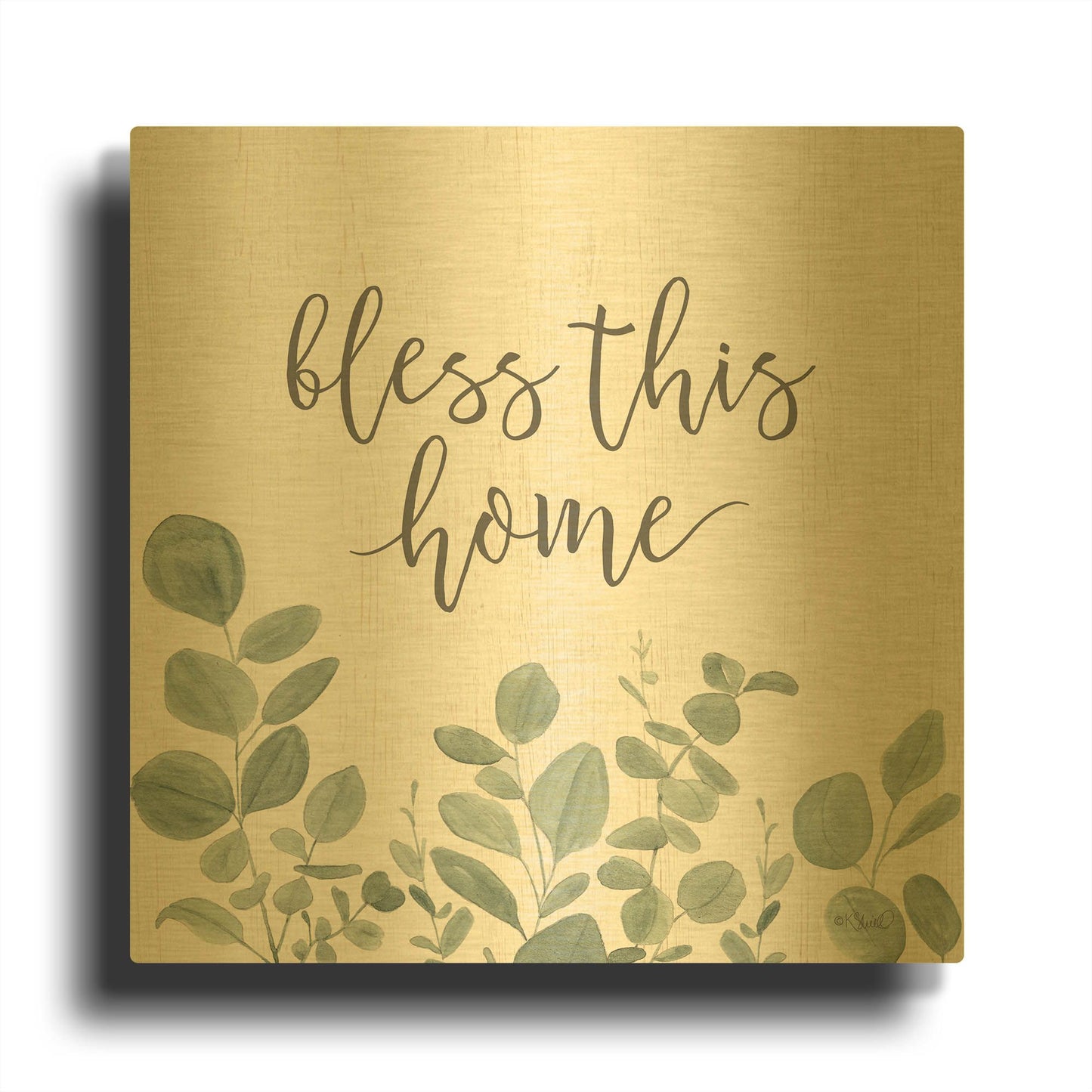 'Bless This Home Eucalyptus' By Kate Sherrill Gold Metal Wall Art