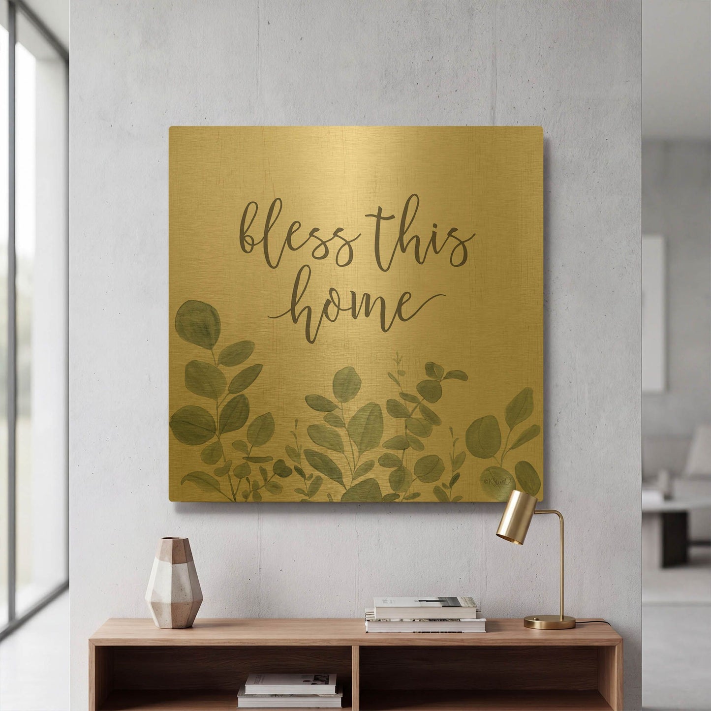 'Bless This Home Eucalyptus' By Kate Sherrill Gold Metal Wall Art