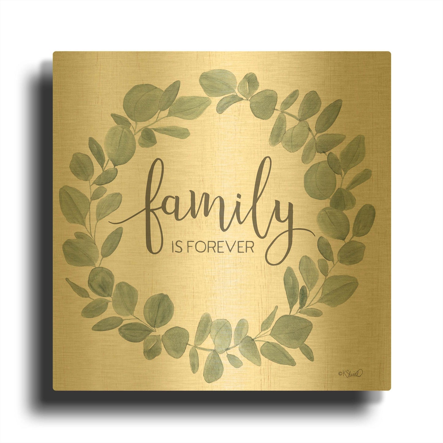 'Family Forever Eucalyptus Wreath' By Kate Sherrill Gold Metal Wall Art
