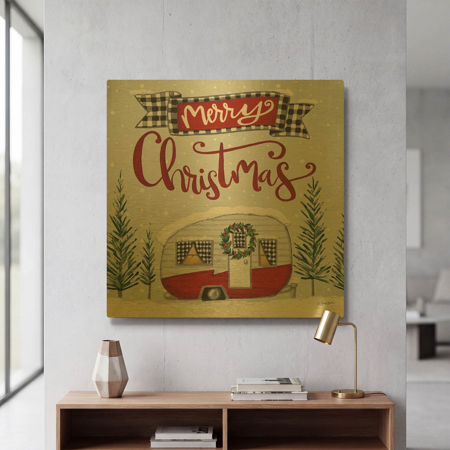 'Merry Christmas Camper' By Sara Baker Gold Metal Wall Art