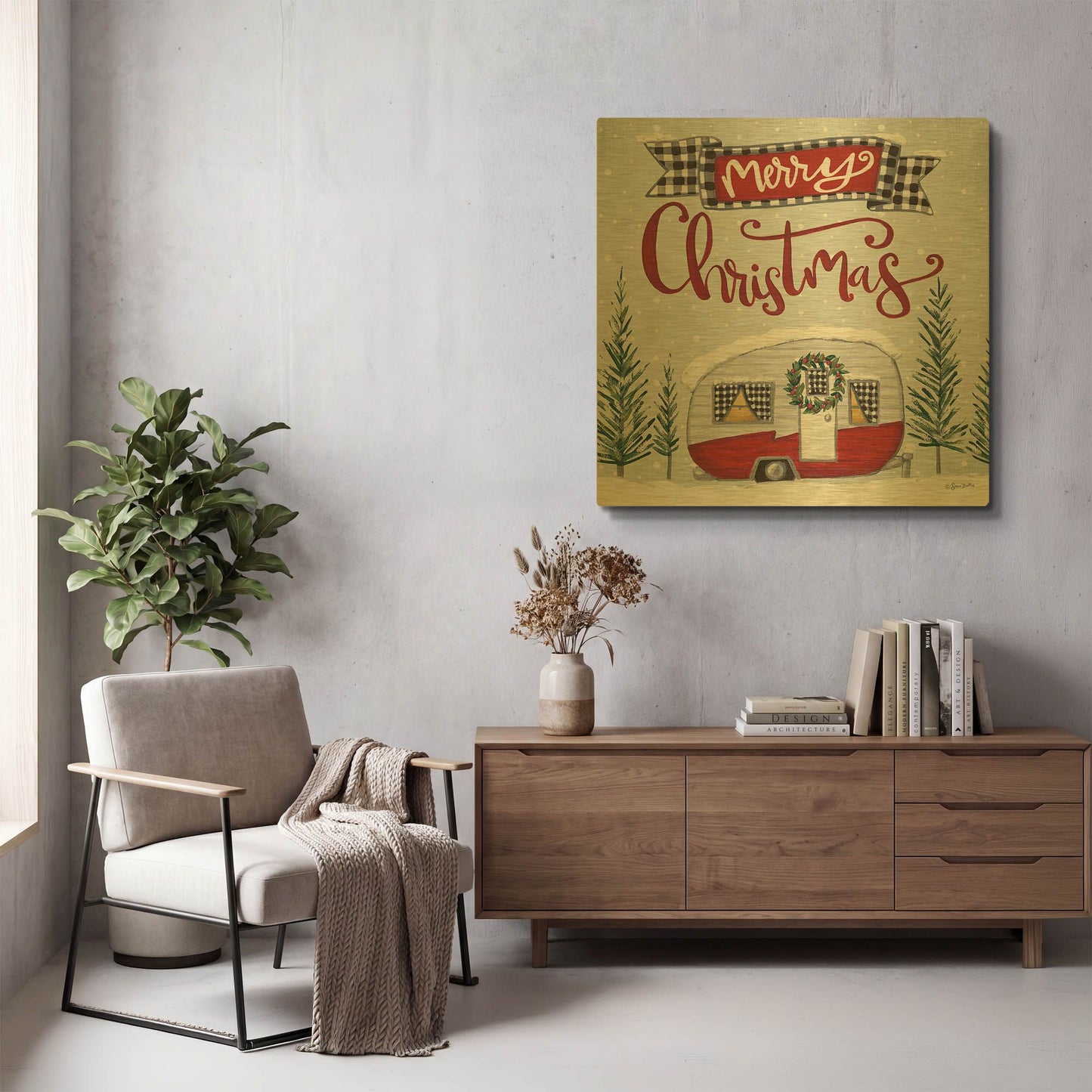 'Merry Christmas Camper' By Sara Baker Gold Metal Wall Art