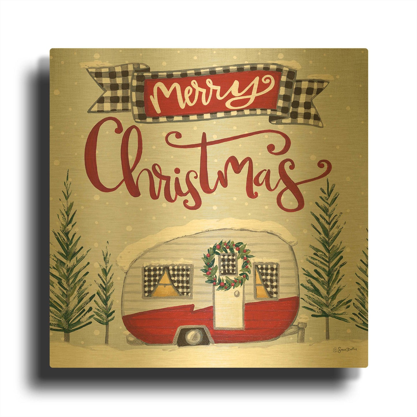 'Merry Christmas Camper' By Sara Baker Gold Metal Wall Art