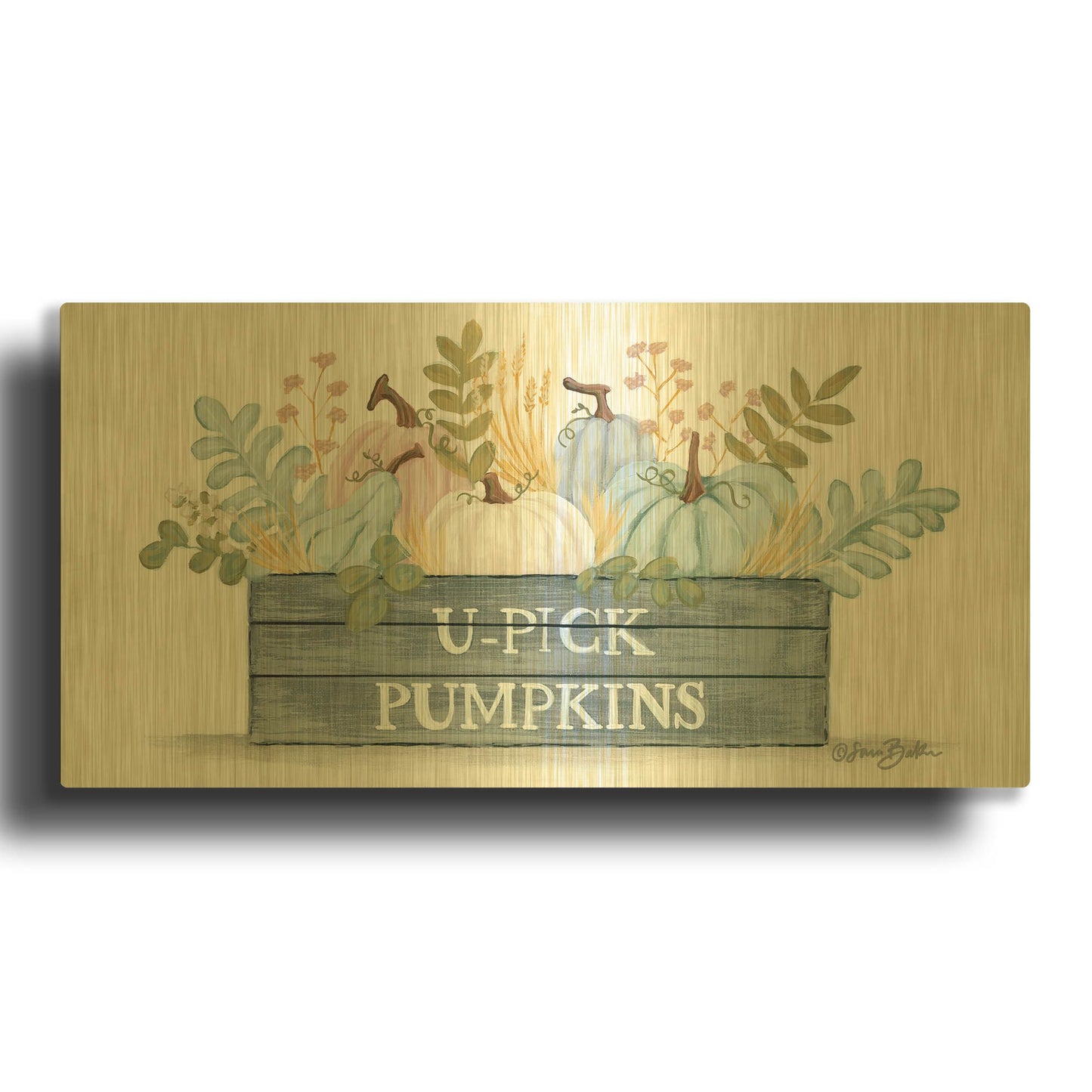 'U-Pick Pumpkins' By Sara Baker Gold Metal Wall Art