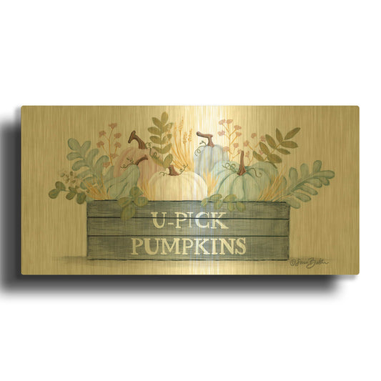 'U-Pick Pumpkins' By Sara Baker Gold Metal Wall Art