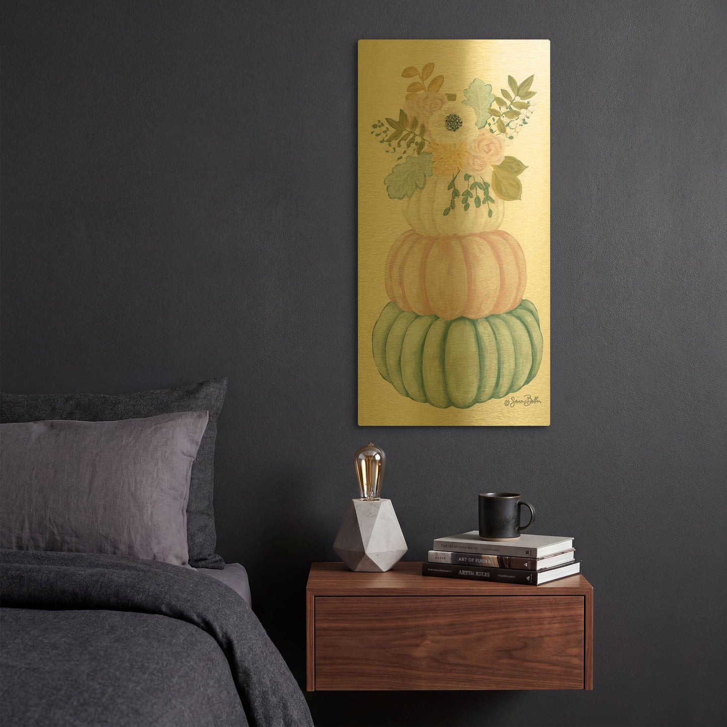 'Floral Pumpkins' By Sara Baker Gold Metal Wall Art