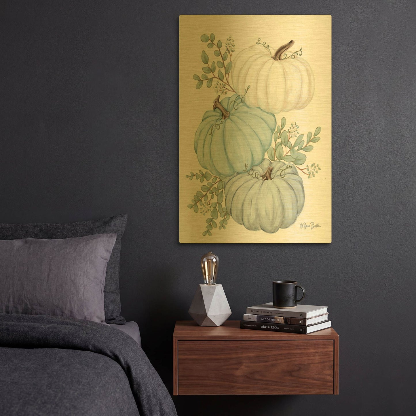 'Pumpkin Trio' By Sara Baker Gold Metal Wall Art