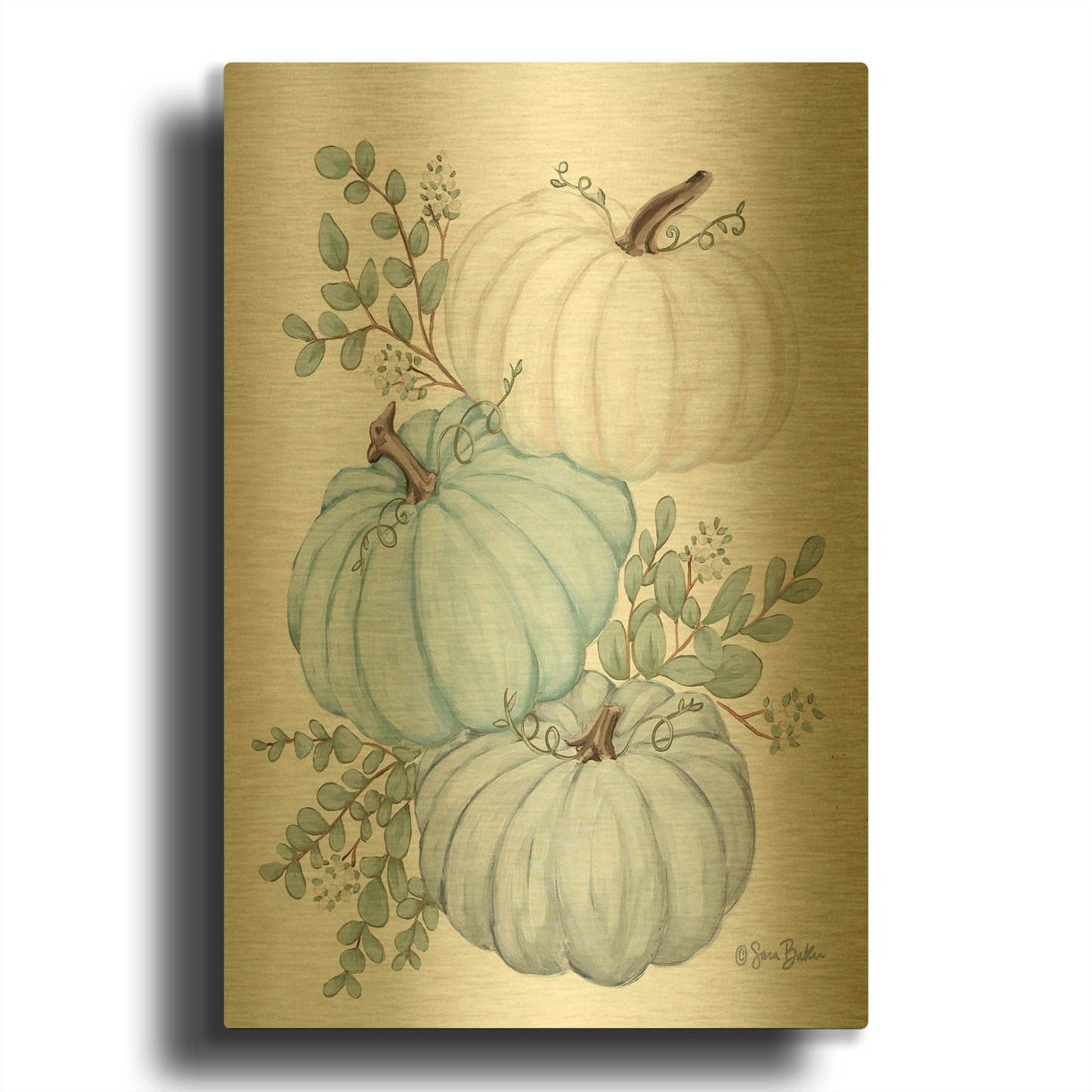 'Pumpkin Trio' By Sara Baker Gold Metal Wall Art