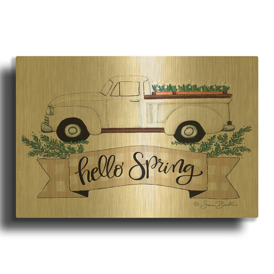 'Hello Spring Tulip Truck' By Sara Baker Gold Metal Wall Art