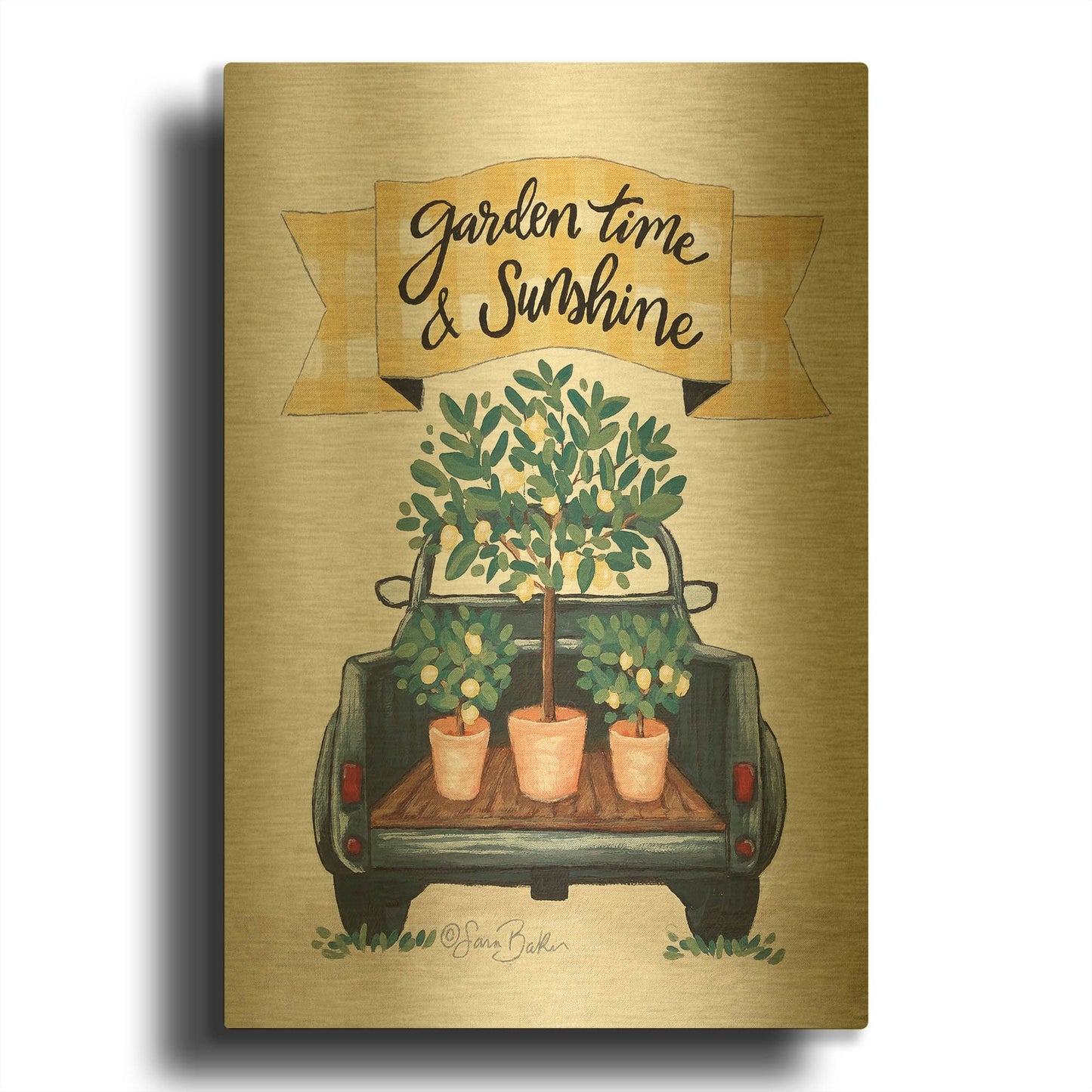 'Garden Time & Sunshine I' By Sara Baker Gold Metal Wall Art
