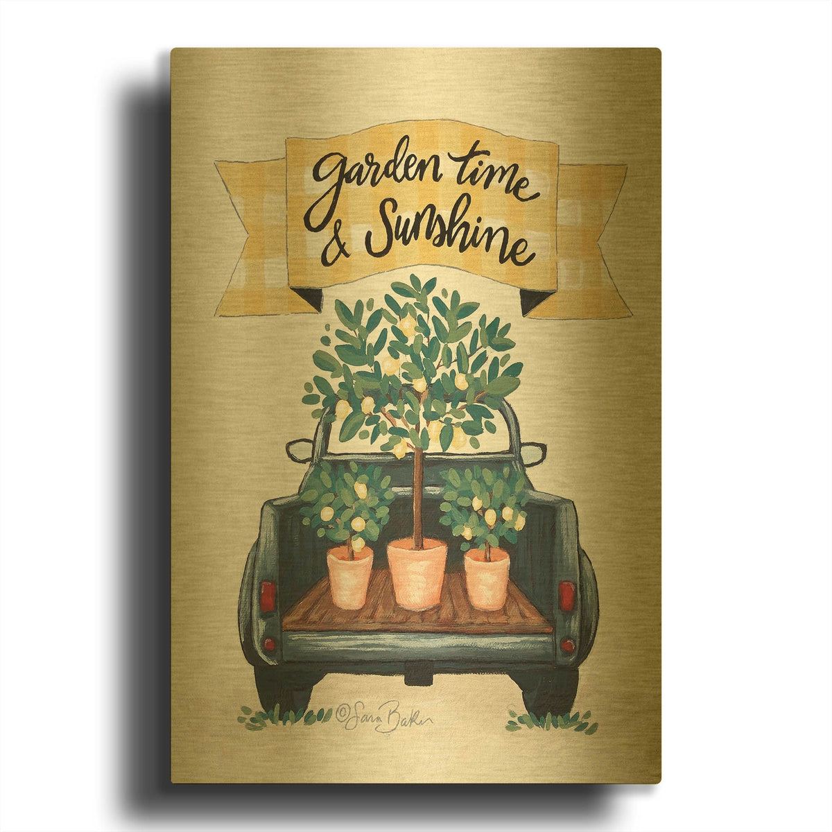 'Garden Time & Sunshine I' By Sara Baker Gold Metal Wall Art