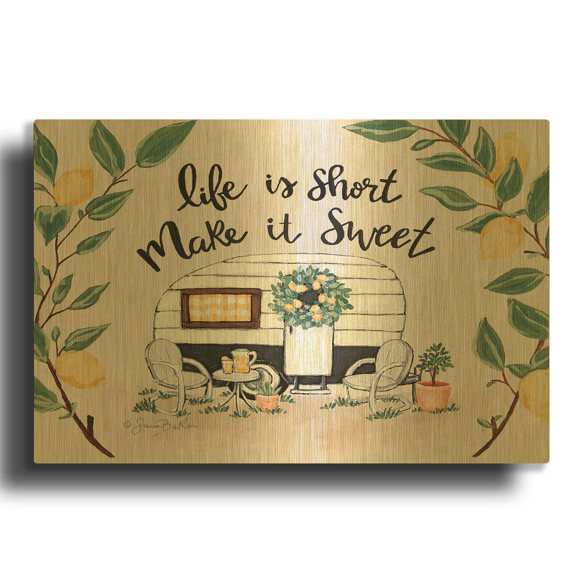 'Make It Sweet Vintage Camper' By Sara Baker Gold Metal Wall Art
