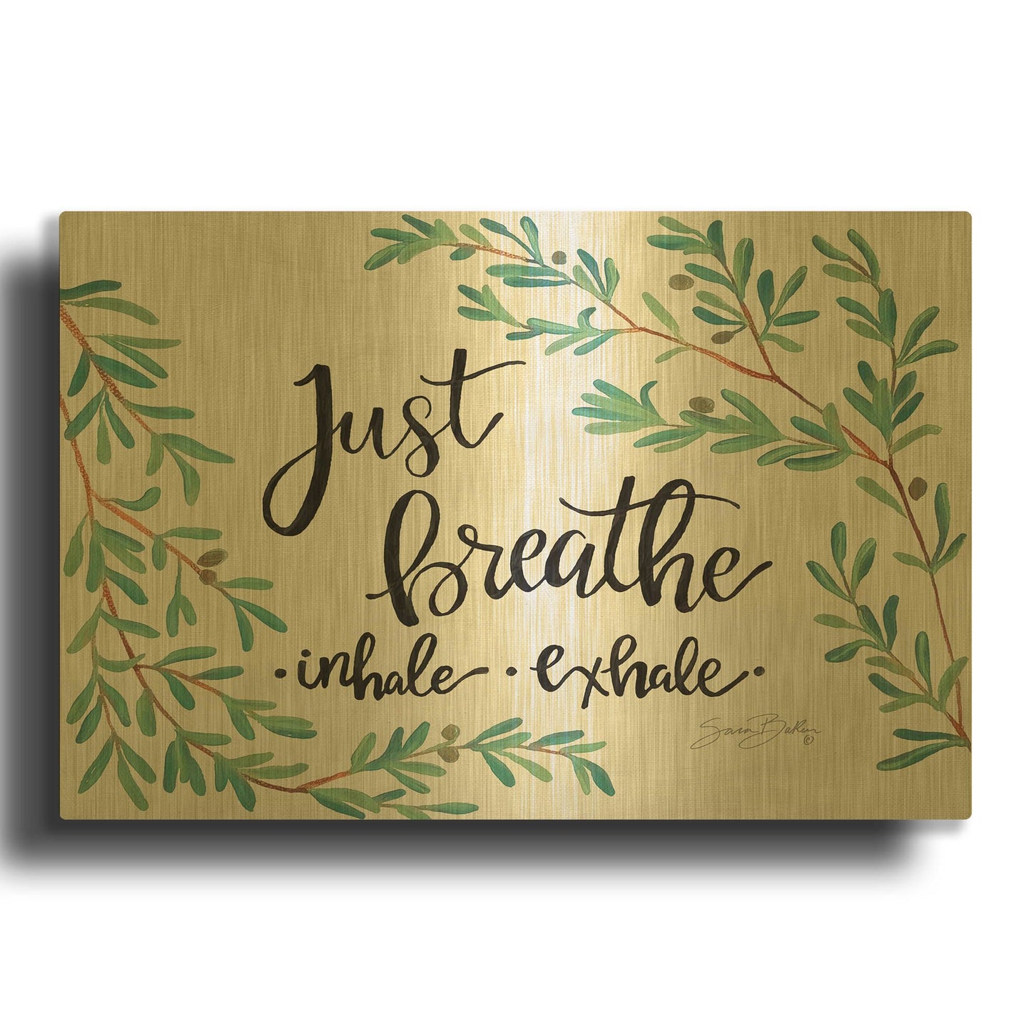 'Just Breathe Olive Stems' By Sara Baker Gold Metal Wall Art