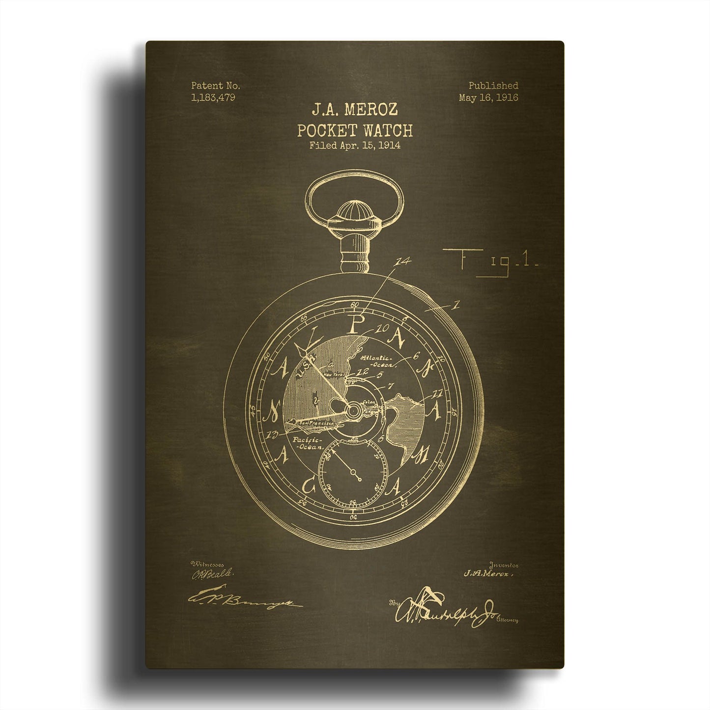 'Pocket Watch Blueprint Patent Chalkboard' By LUXE Gold Metal Wall Art