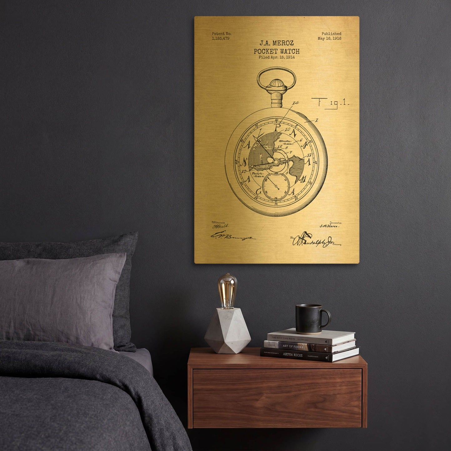 'Pocket Watch Blueprint Patent Parchment' By LUXE Gold Metal Wall Art