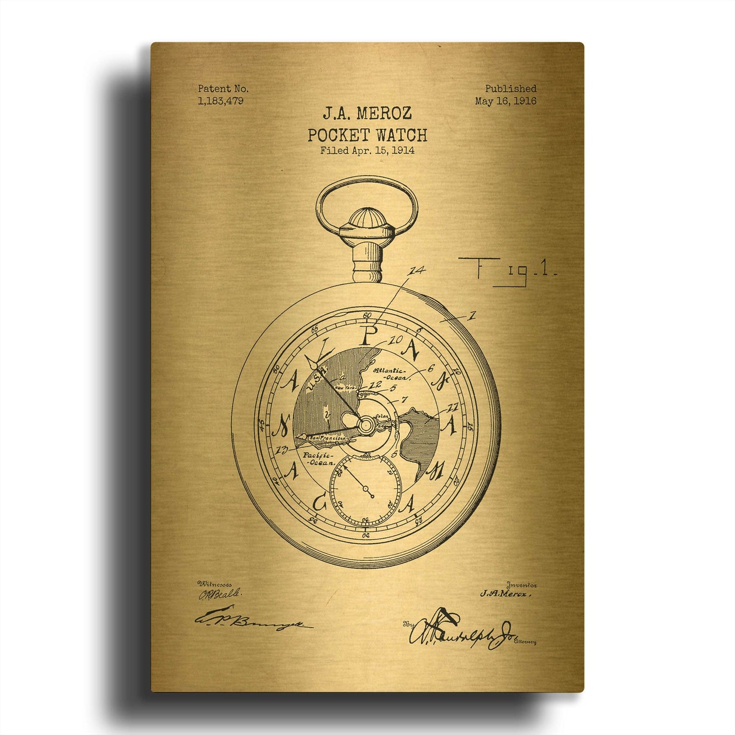 'Pocket Watch Blueprint Patent Parchment' By LUXE Gold Metal Wall Art