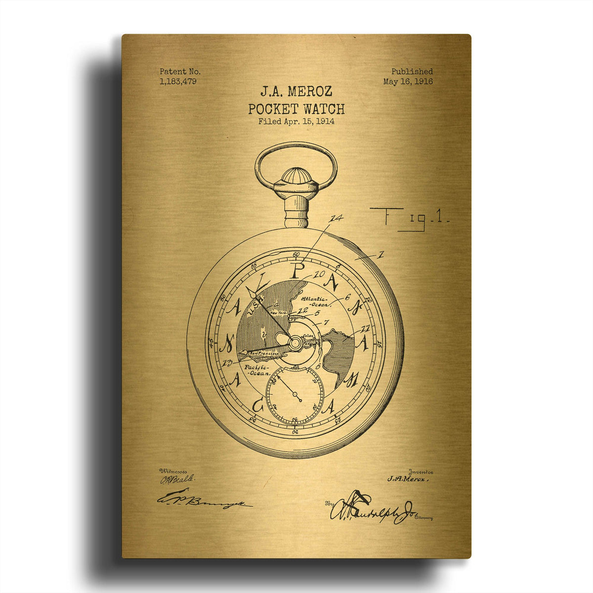 'Pocket Watch Blueprint Patent Parchment' By LUXE Gold Metal Wall Art