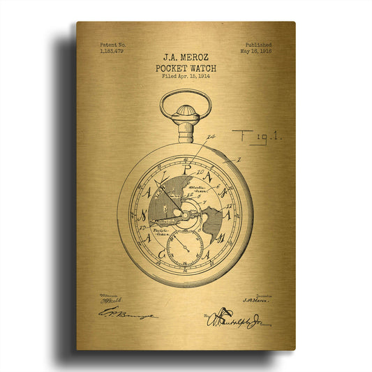 'Pocket Watch Blueprint Patent Parchment' By LUXE Gold Metal Wall Art