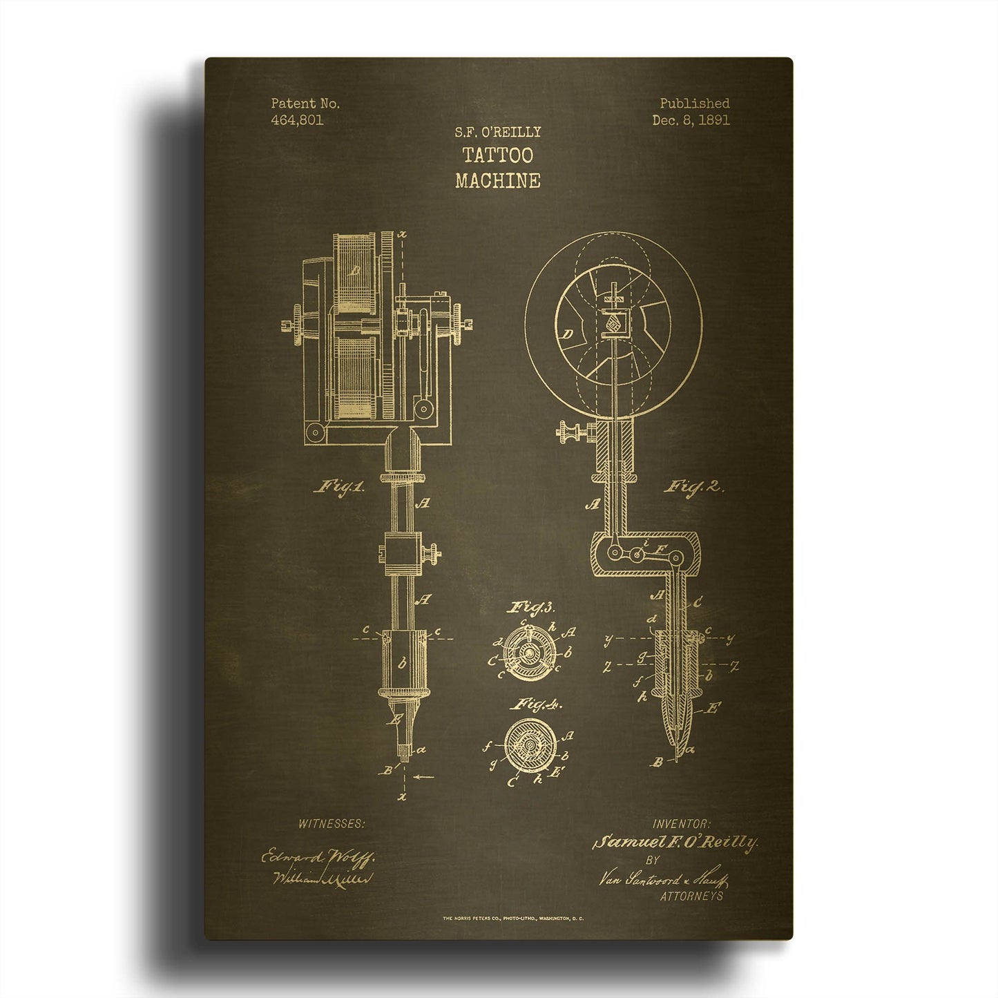 'Tattoo Machine Blueprint Patent Chalkboard' By LUXE Gold Metal Wall Art